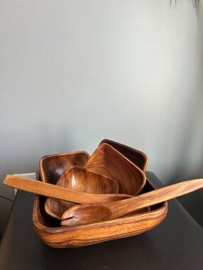 Vintage Square Shape Handcrafted Wooden Serving Bowl and Utensil Set